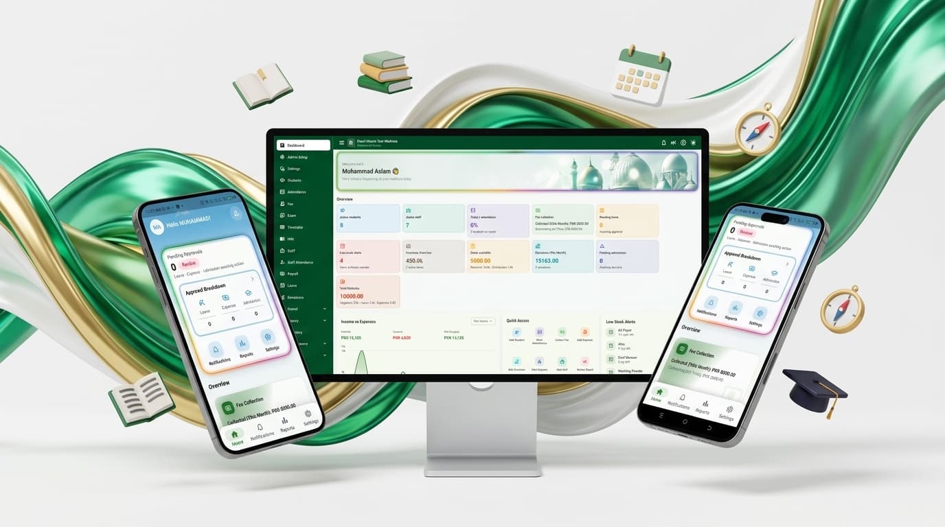 MMS Madaris Management System Desktop and Mobile Apps 3D Mockup
